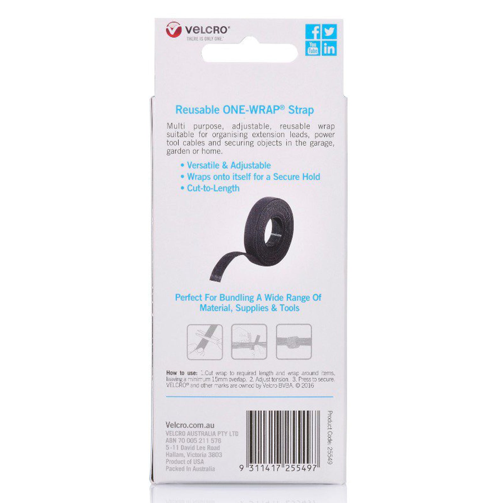 Rear packaging of Velcro Brand One Wrap Reusable Strap showing product instructions, key features and bundling applications. The packaging highlights reusable adjustable fastening for cables, tools and household organisation.