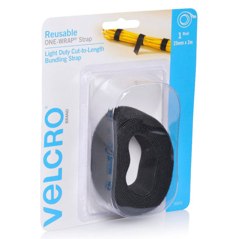 Angled packaging view of Velcro One Wrap reusable tape featuring cable management imagery and bundled cords. The image showcases reusable fastening for tidy storage and organisation.