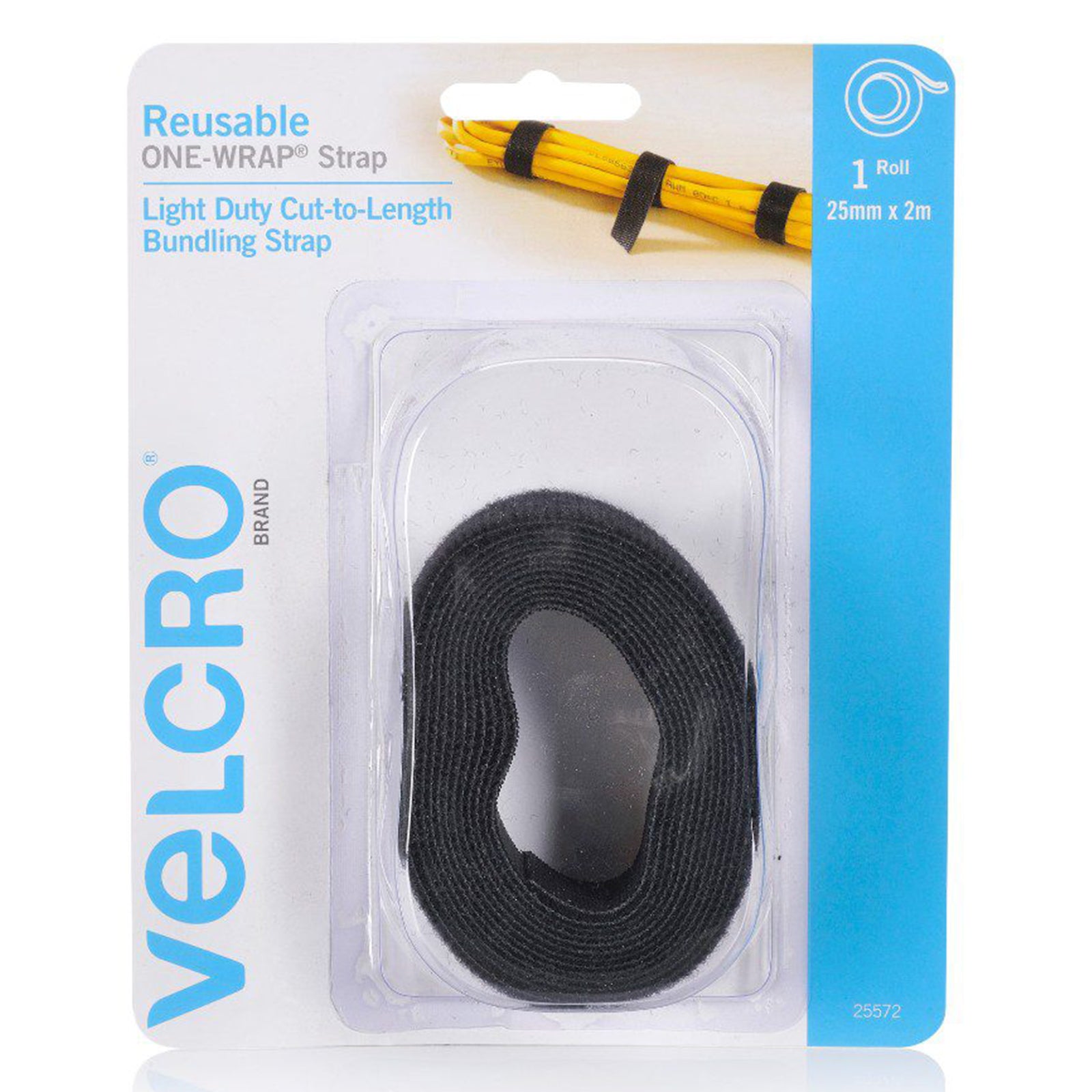 Front retail packaging of Velcro Brand One Wrap Reusable Tape 25mm x 2m Black displaying the rolled fastening tape designed for cable organisation and light duty bundling tasks.