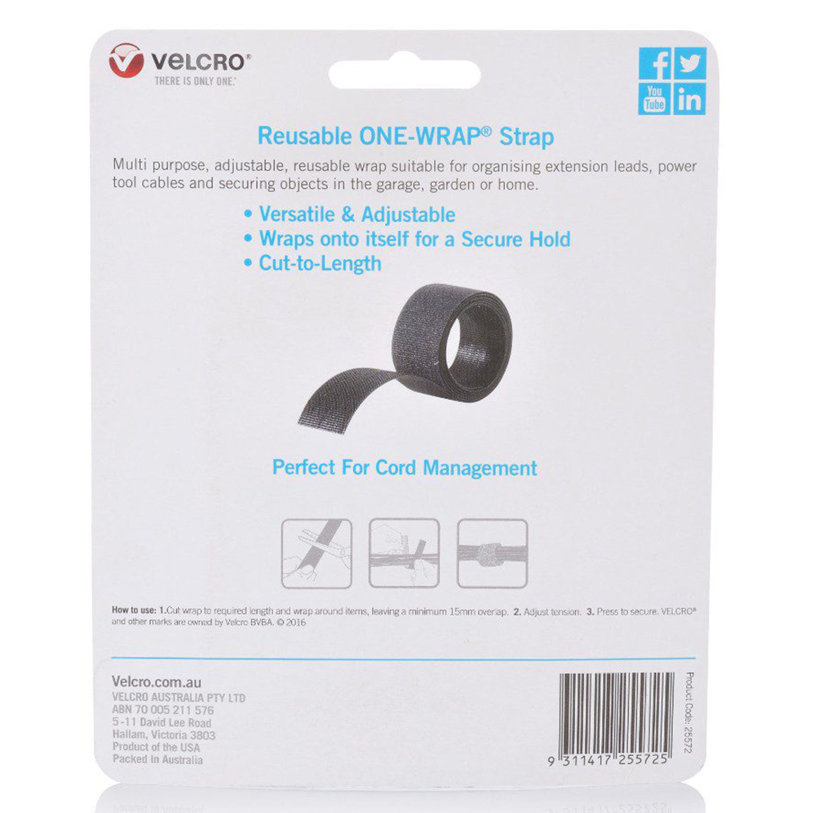 Rear packaging of Velcro Brand One Wrap reusable tape showing instructions and product features for cord management and adjustable bundling applications around the home or office.