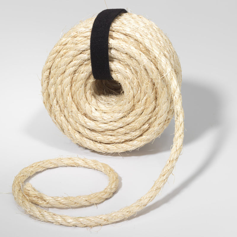 A coiled rope secured neatly using black Velcro One Wrap reusable tape. The image demonstrates adjustable fastening and compact storage for ropes, cords and bulky items in garages or sheds.