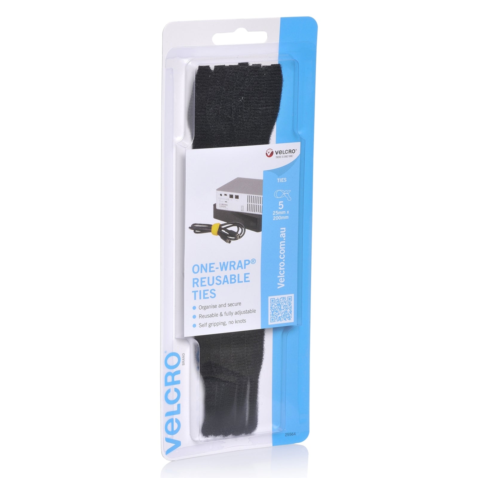 Angled retail packaging image highlighting reusable black cable ties designed for organising chargers, electronics cables, and household cords.