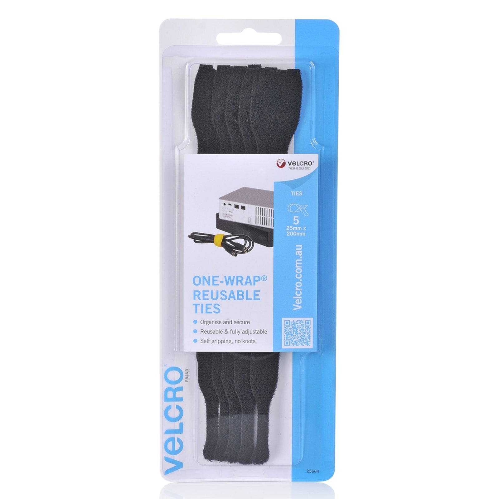 Front packaging photograph of VELCRO Brand ONE WRAP reusable black ties measuring 25mm x 200mm in a pack of five for cord management.