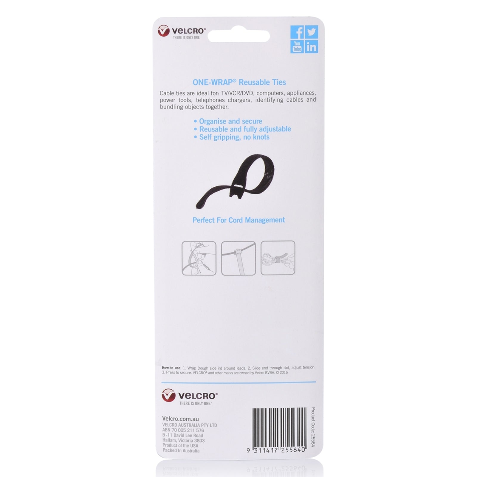 Rear packaging image showing VELCRO Brand ONE WRAP reusable ties with instructions and cable organisation applications for office and home electronics.