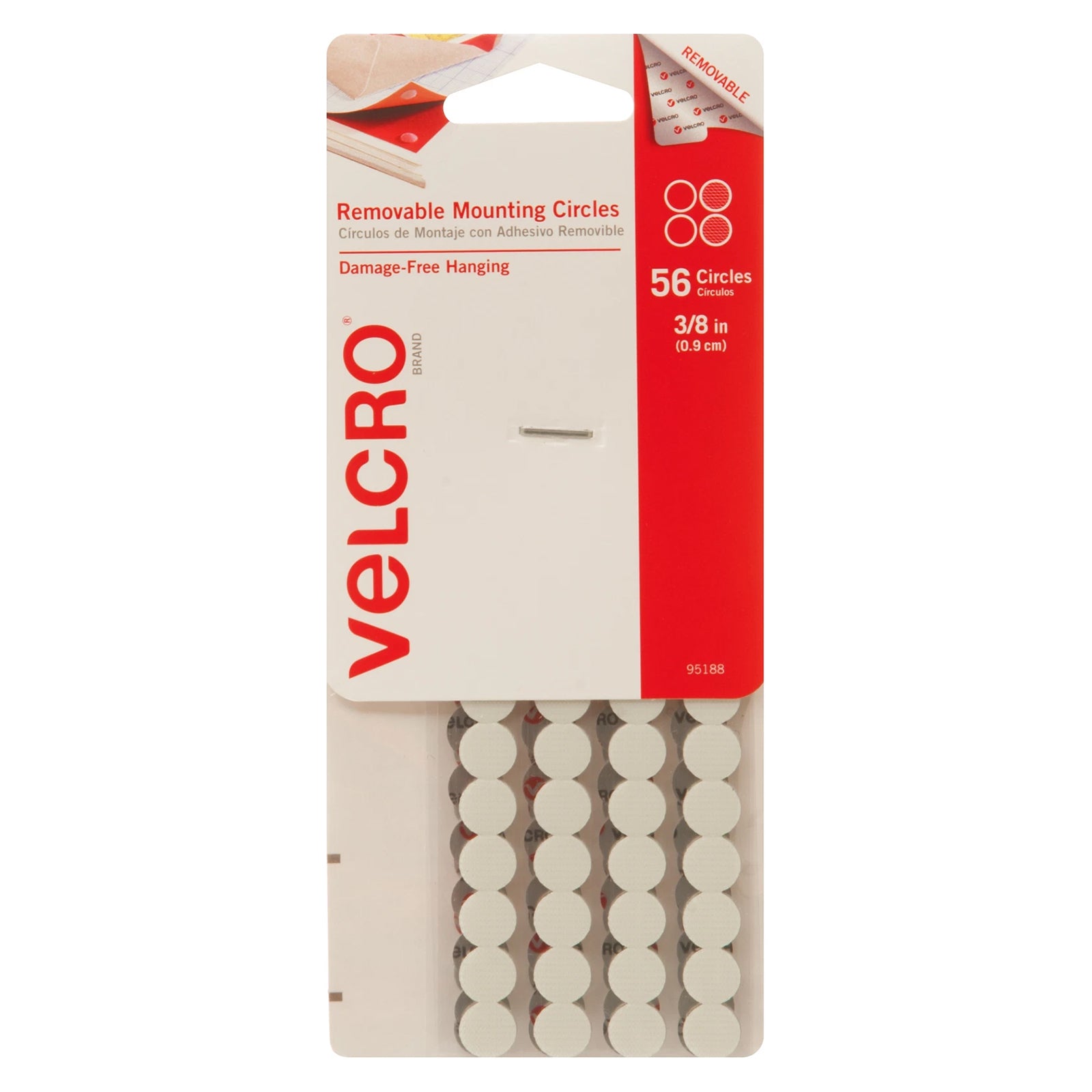 Front packaging image of VELCRO Brand removable mounting circles showing 56 white 9mm adhesive circles for lightweight decorating, mounting, and organising tasks.