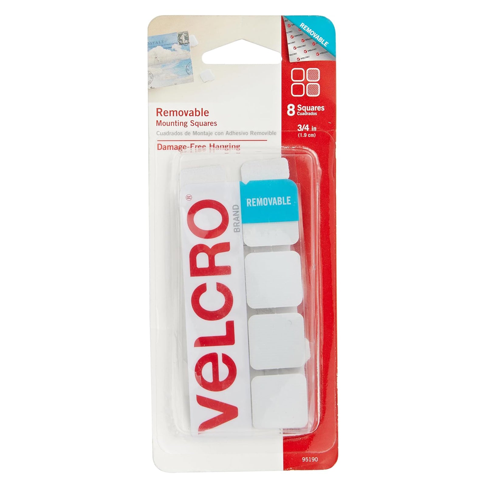 Front packaging image of VELCRO Brand removable mounting squares in white measuring 19mm, supplied in a pack of 8 for temporary wall mounting and lightweight decorating.