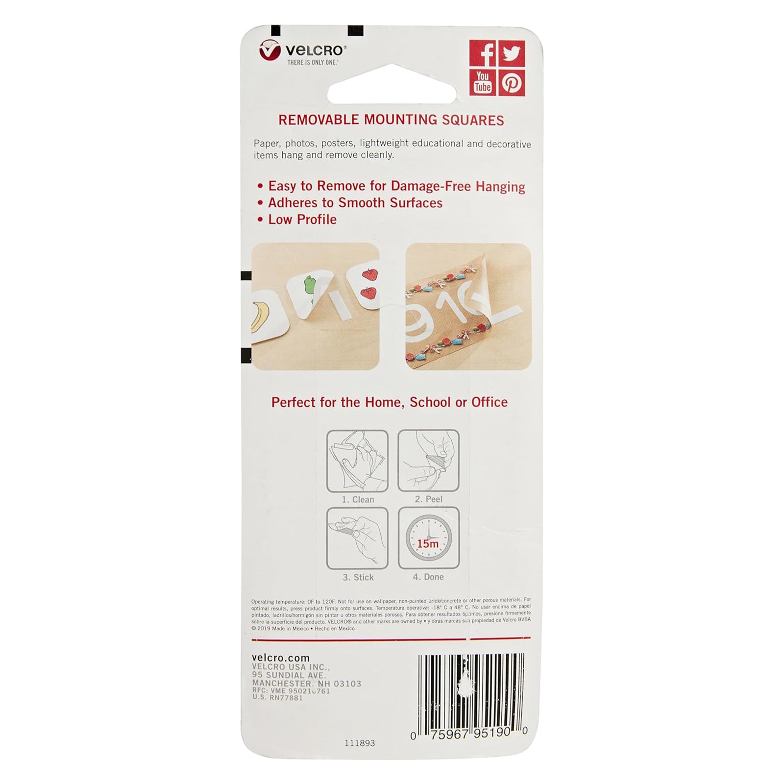 Rear packaging view of VELCRO Brand removable mounting squares displaying usage instructions, application steps, and damage free hanging information for home, school, and office use.