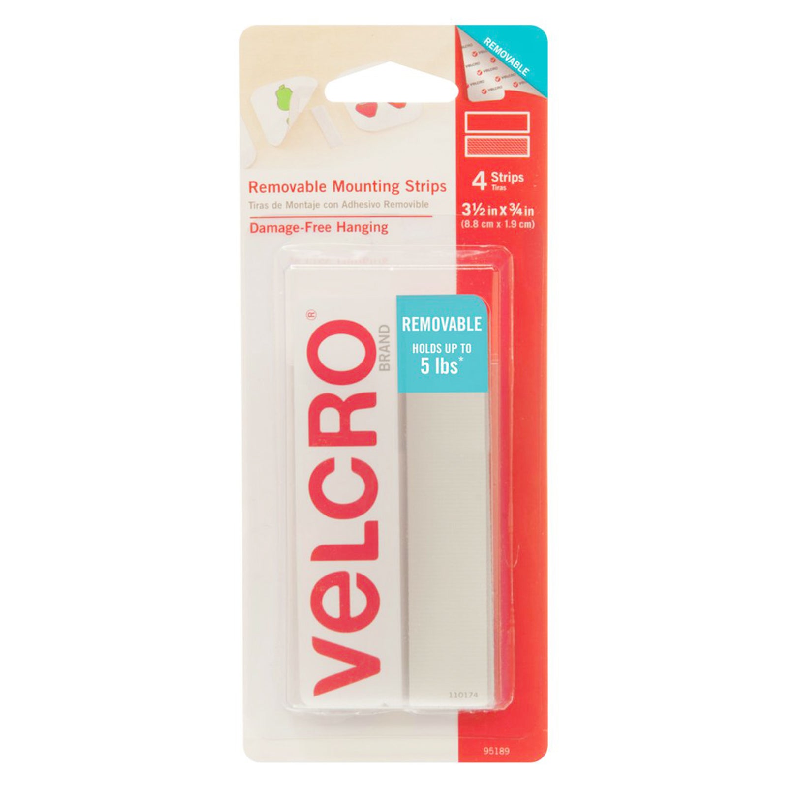 Front packaging image of VELCRO Brand removable mounting strips measuring 44mm x 19mm in white, designed for damage free hanging of lightweight decorations and posters.
