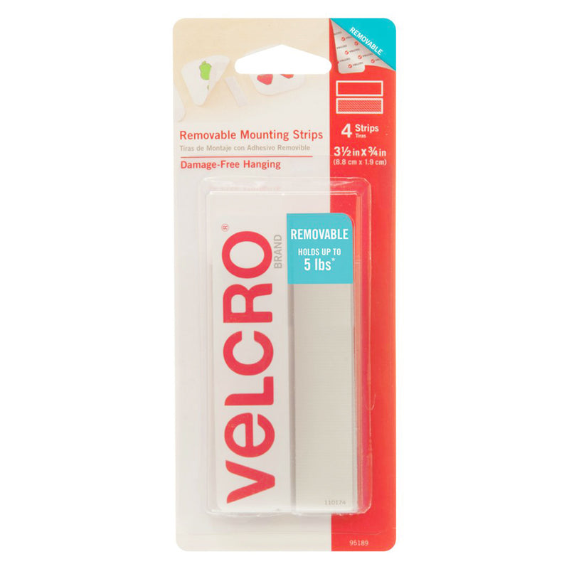 Front of the earlier Velcro Brand Removable Mounting Strips pack, code 95189, printed Damage-Free Hanging, 4 Strips 3 1/2 in x 3/4 in, and a Holds up to 5 lbs badge with an asterisk.