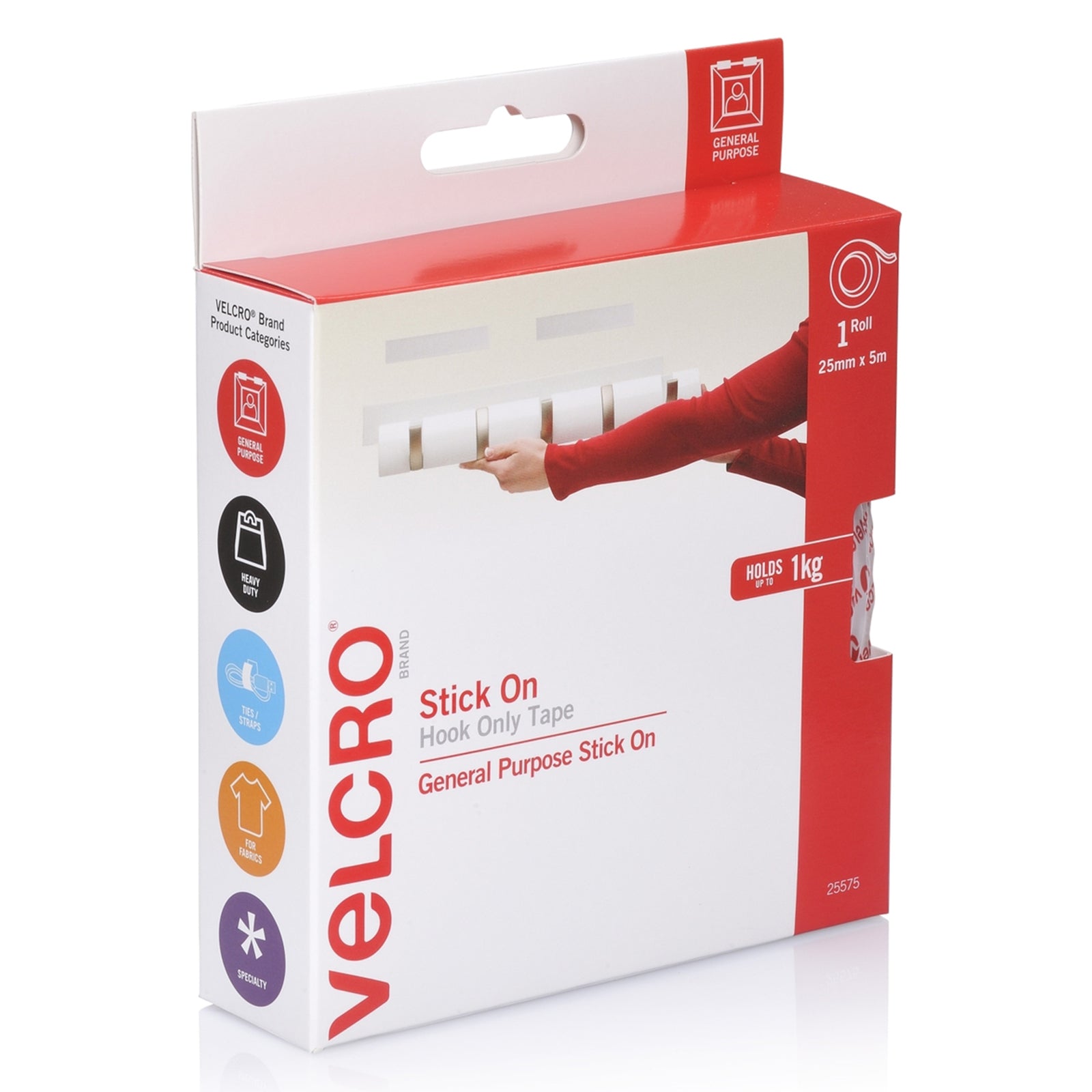Angled retail packaging image displaying the white stick on hook tape dispenser box designed for convenient storage, smooth cutting and organised everyday use.