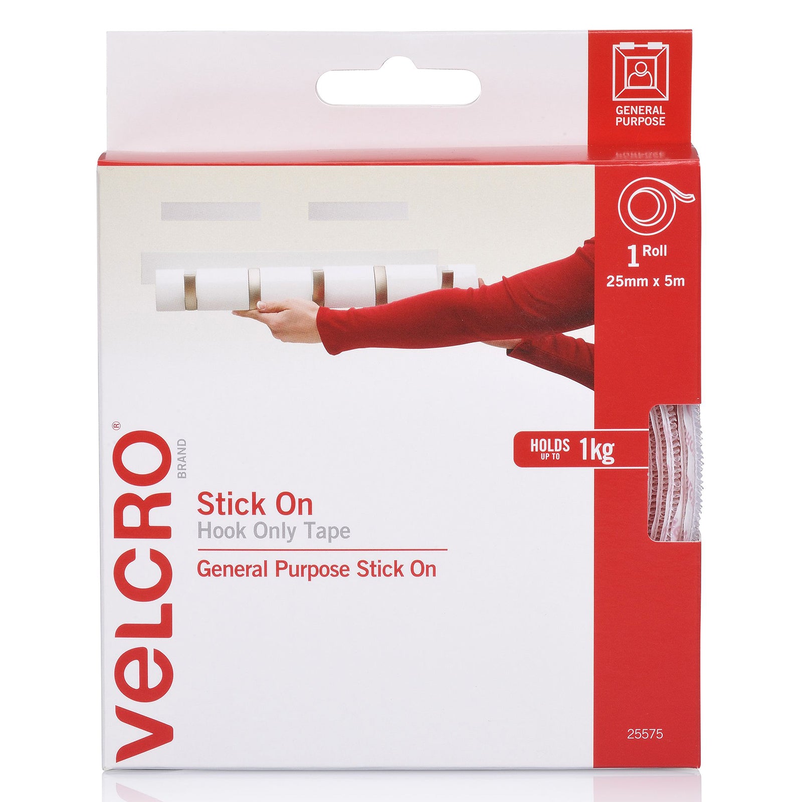 Front packaging image of Velcro Brand Stick On Hook Only Tape 25mm x 5m with dispenser, featuring lightweight mounting applications and general purpose indoor fastening.