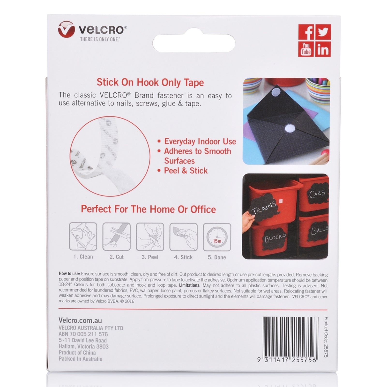 Rear packaging view showing application instructions, everyday indoor use guidance and creative storage examples using Velcro Brand Stick On Hook Only Tape.