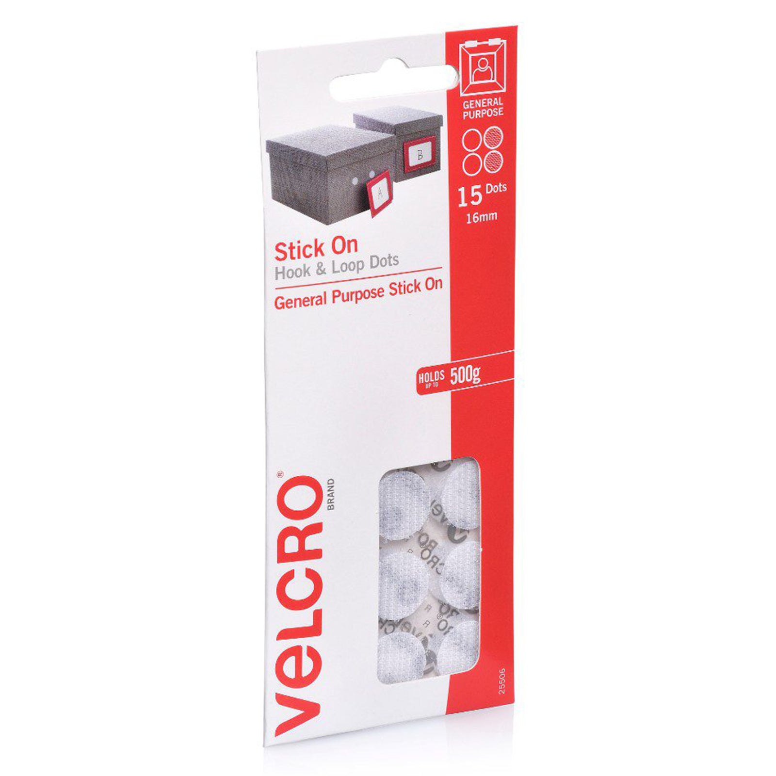 Angled product packaging photograph showing the VELCRO Brand Stick On Hook and Loop Dots pack with visible fastening dots through the front display window and clear retail presentation.