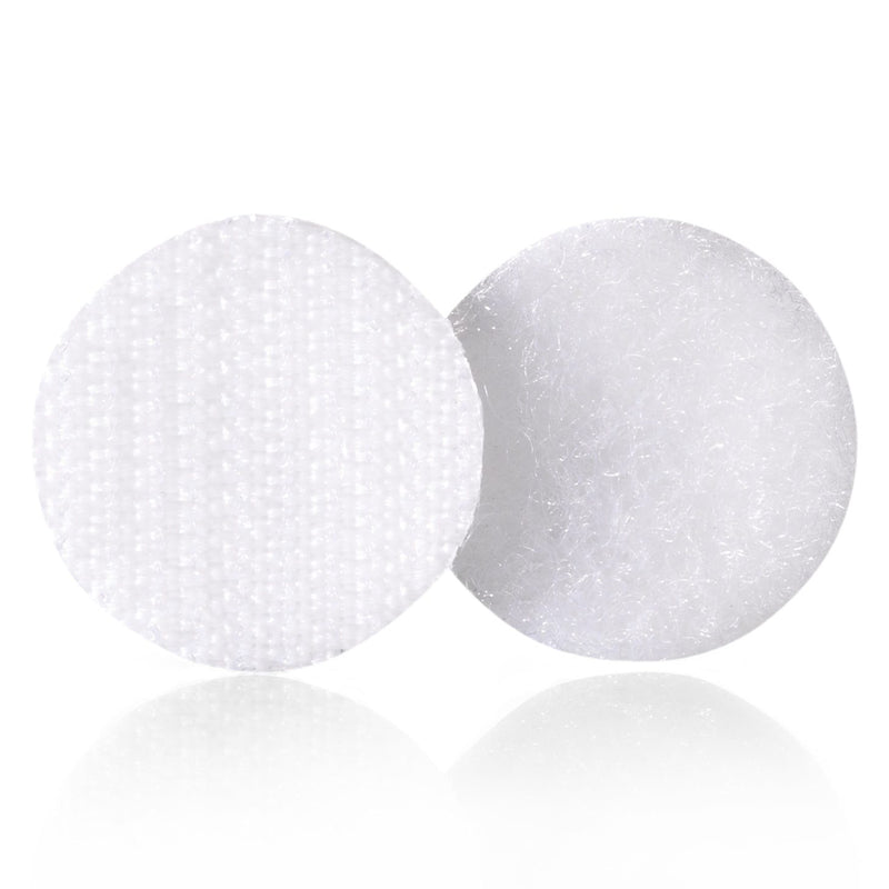 Front and back view of the white circular VELCRO Brand hook and loop dots displayed against a clean white background, showing the fastening surfaces and compact 16mm round design.