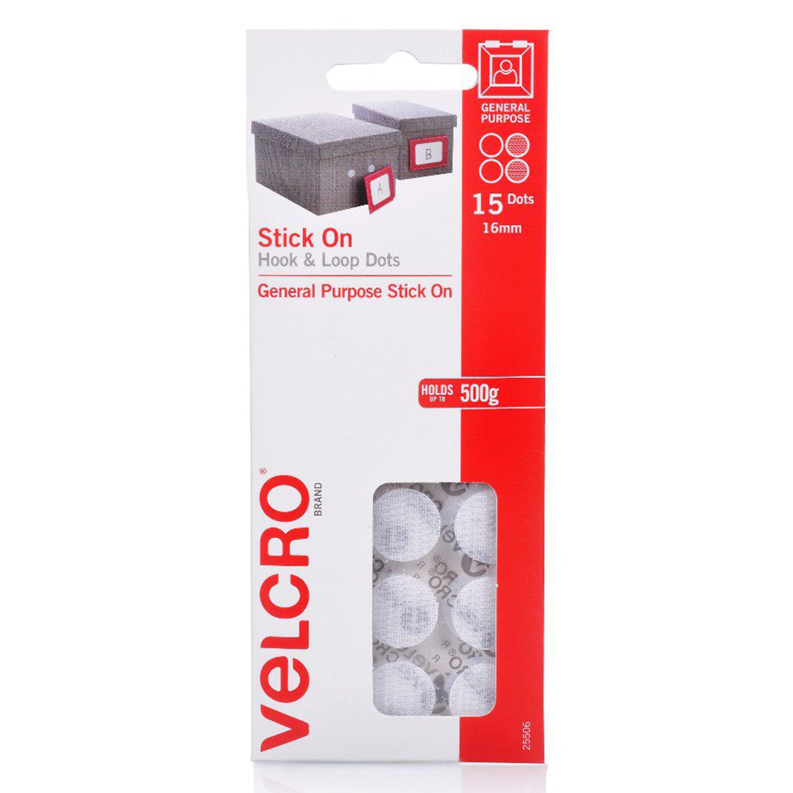 Front packaging image of the VELCRO Brand Stick On Hook and Loop Dots 16mm white pack of 15 featuring product branding, holding capacity information, and general purpose fastening details.