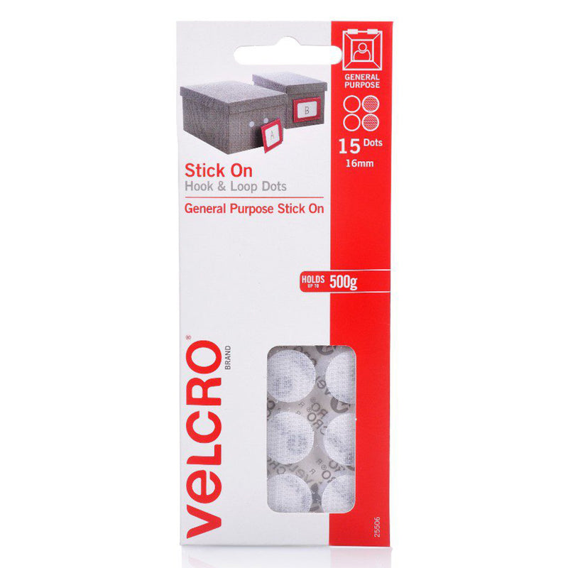 Front packaging image of the VELCRO Brand Stick On Hook and Loop Dots 16mm white pack of 15 featuring product branding, holding capacity information, and general purpose fastening details.