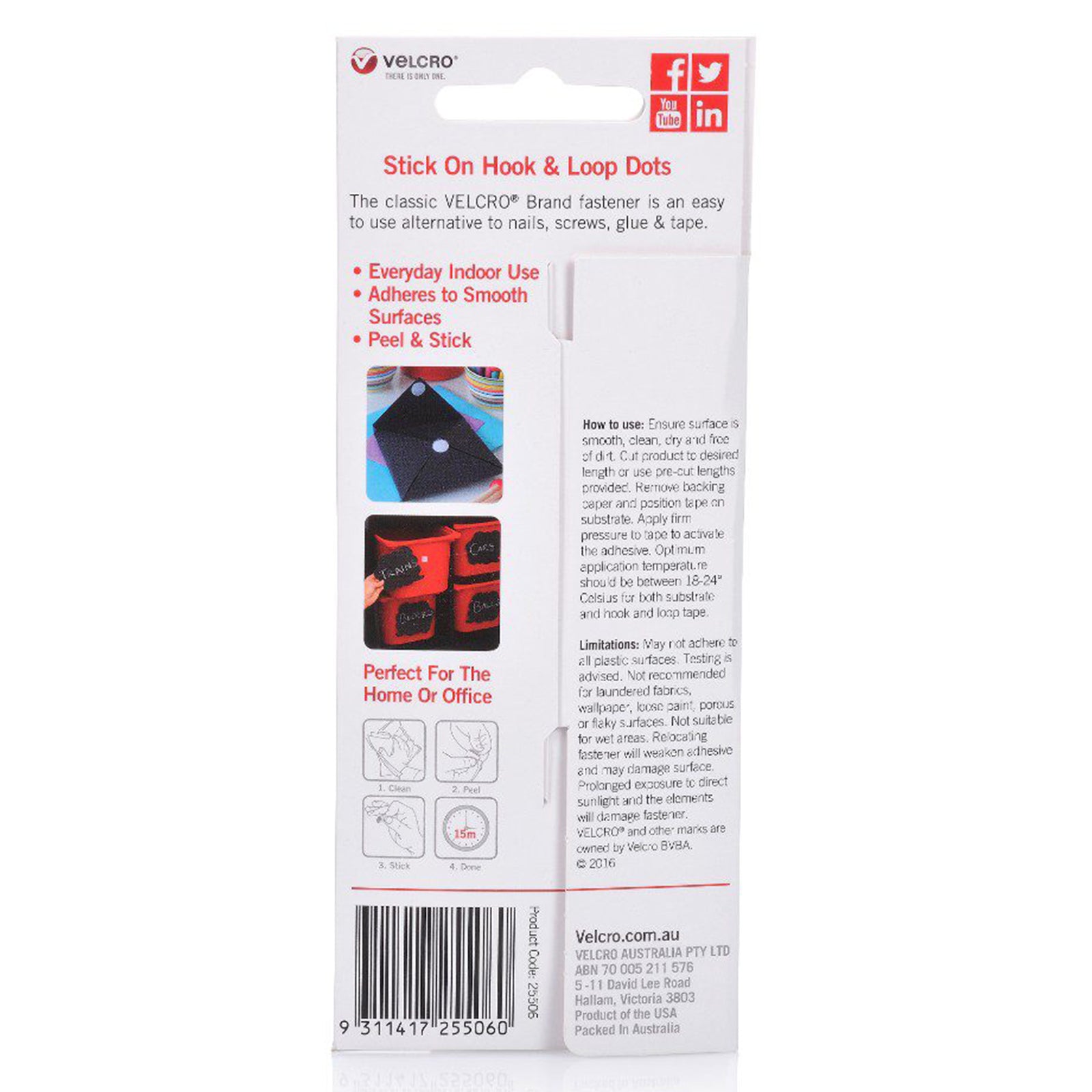 Rear packaging view of the VELCRO Brand Stick On Hook and Loop Dots pack displaying application instructions, product information, usage guidance, and fastening illustrations for indoor organisation tasks.