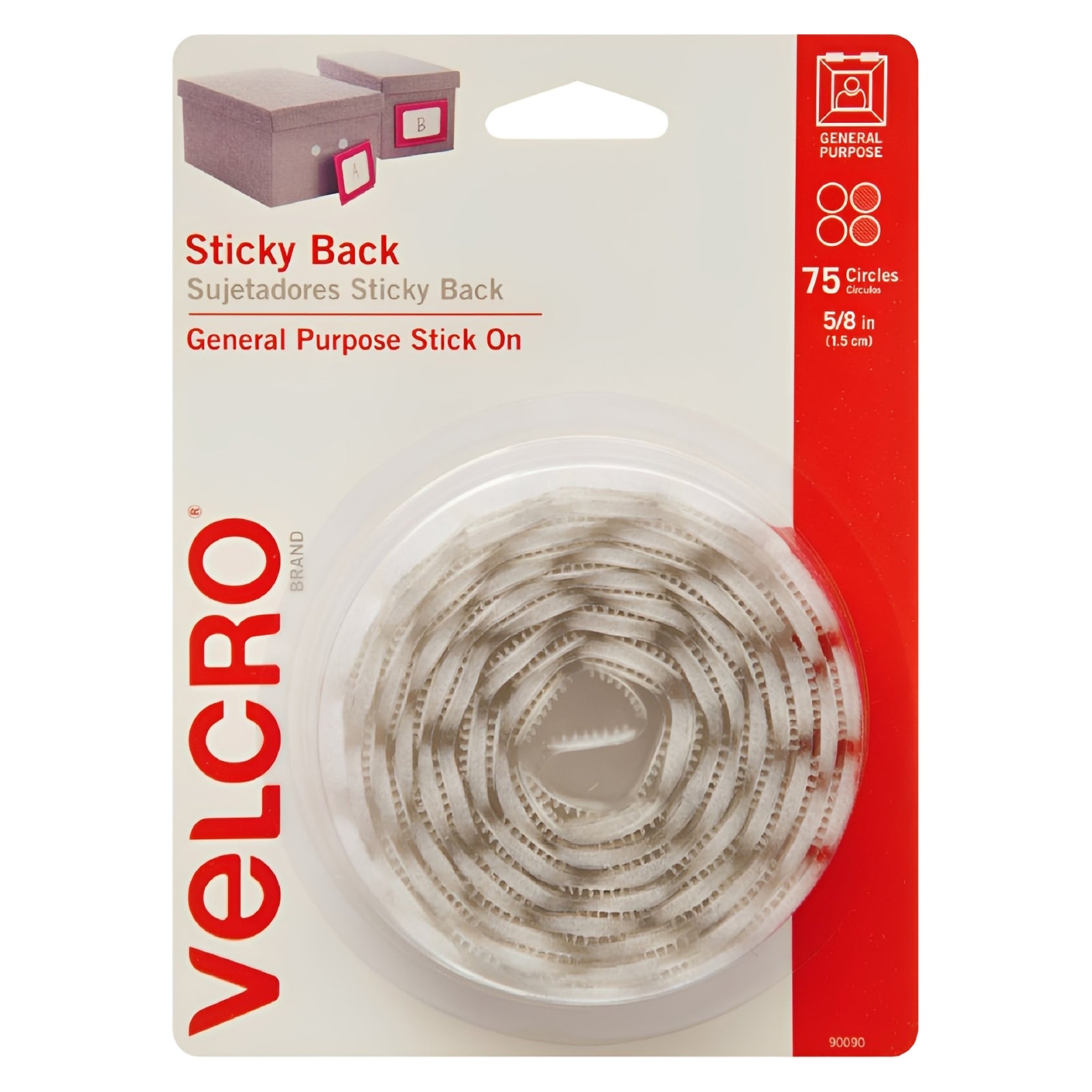 Front packaging image of VELCRO Brand Stick On Hook and Loop Dots featuring 75 white 16mm sticky back fastening dots designed for indoor organisation, mounting, and labelling applications.