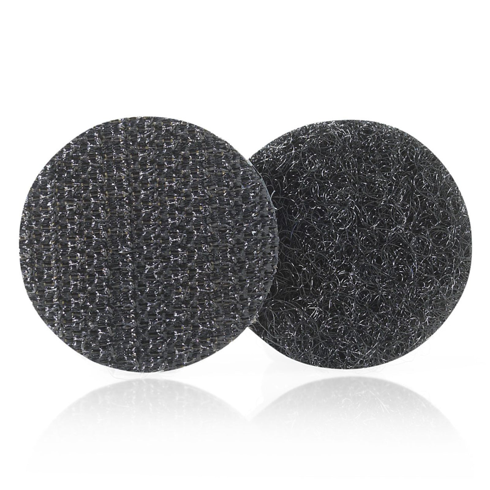 Front view of black circular VELCRO Brand hook and loop dots against a white background showing the hook side and loop side textures used for secure indoor fastening.