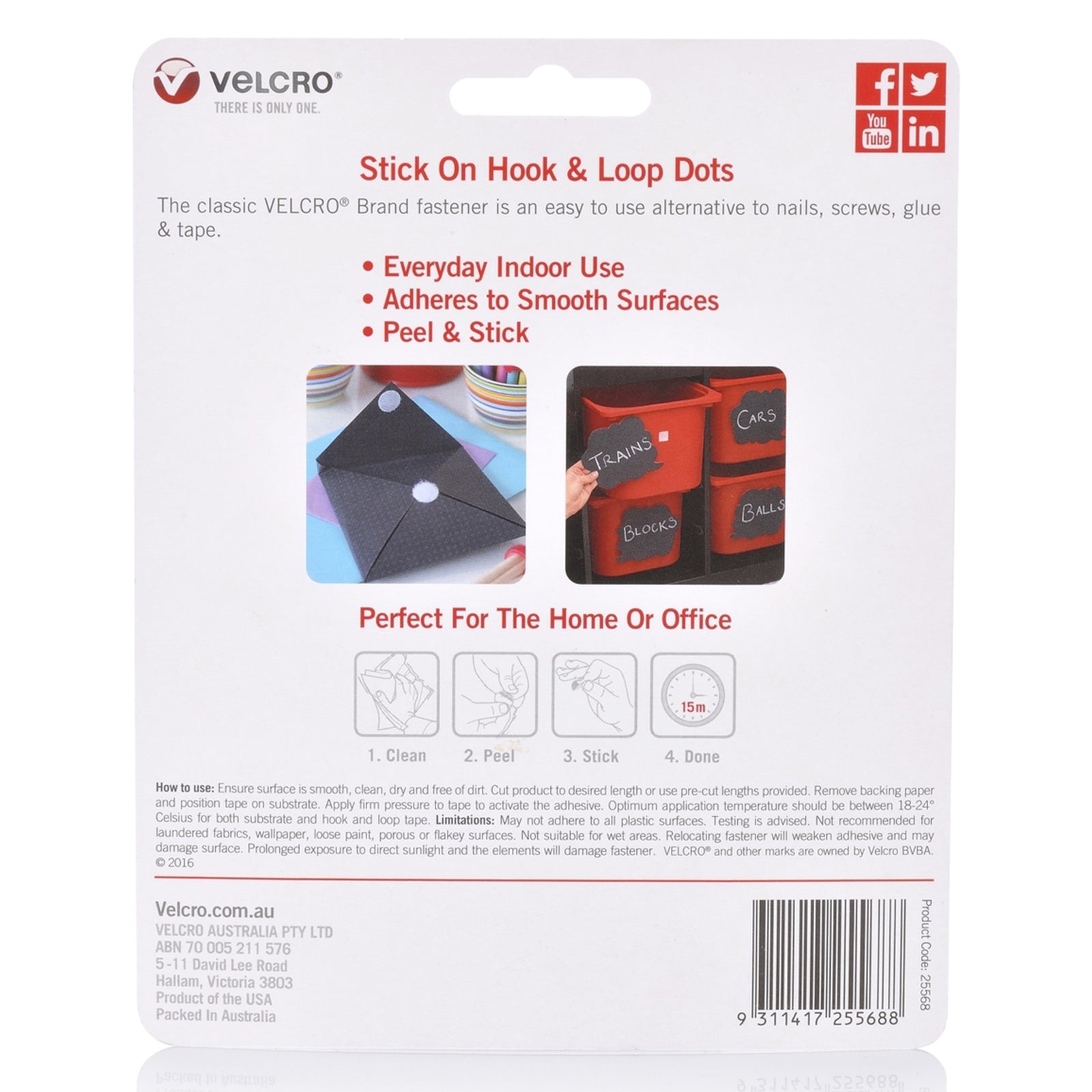 Rear packaging image of the VELCRO Brand Stick On Hook and Loop Dots featuring application instructions, indoor use guidance, product information, and organisation examples for home and office use.