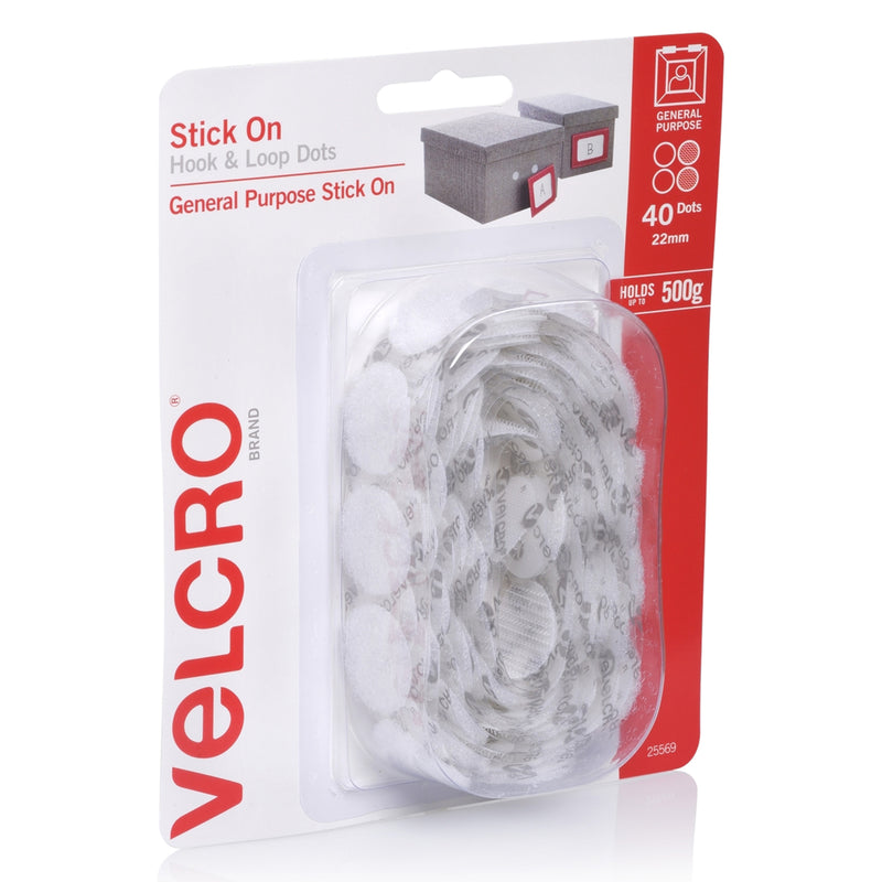Angled retail packaging image showing the VELCRO Brand Stick On Hook and Loop Dots with visible white fastening dots inside clear packaging designed for convenient organisation solutions.