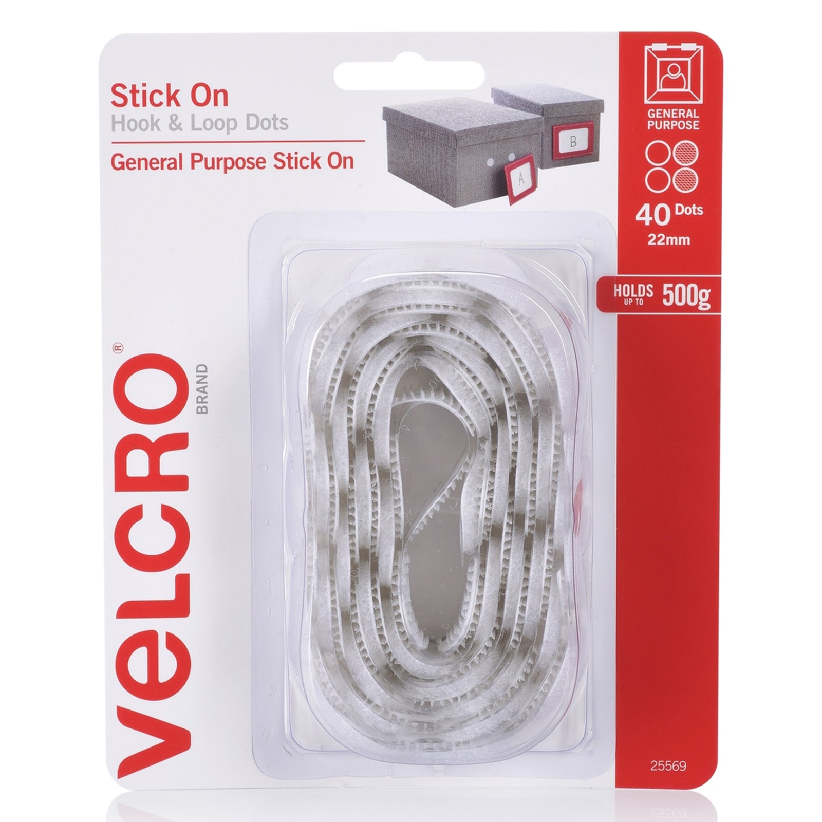 Front packaging photograph of the VELCRO Brand Stick On Hook and Loop Dots 22mm white pack of 40 displaying product branding, quantity details, and holding strength information.