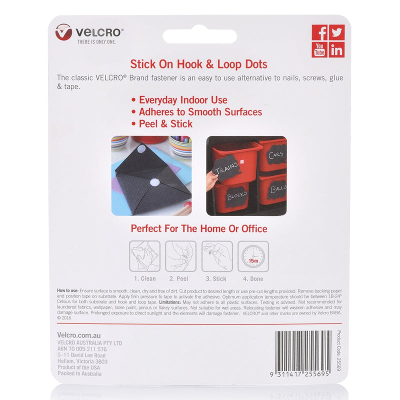 Rear packaging image of the VELCRO Brand Stick On Hook and Loop Dots pack featuring application instructions, usage guidance, and examples for home and office organisation.
