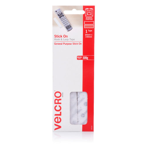 Velcro Brand Stick On Hook and Loop Tape 20mm x 150mm in white