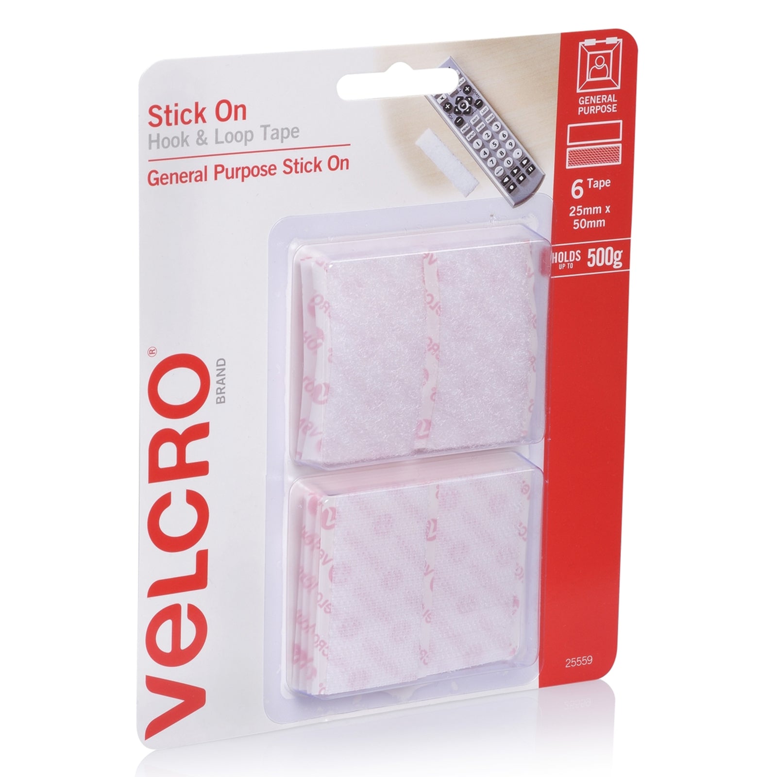 Angled retail packaging photograph displaying the white hook and loop tape strips inside clear protective packaging for convenient home and office use.