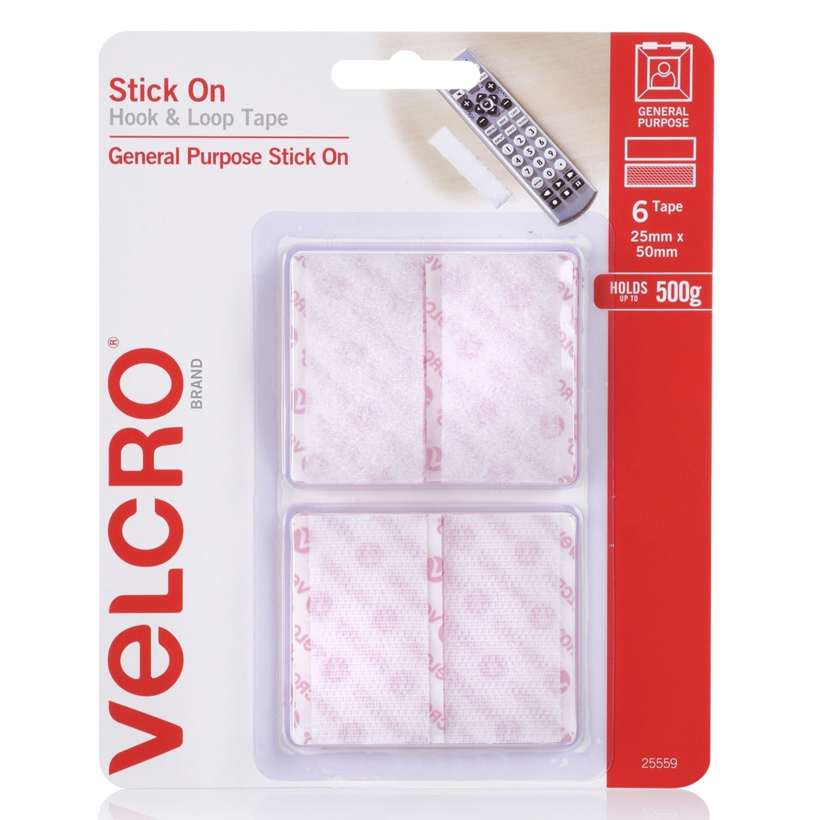 Front packaging image of VELCRO Brand Stick On Hook and Loop Tape 25mm x 50mm white pack of 6 showing product details and holding strength information.
