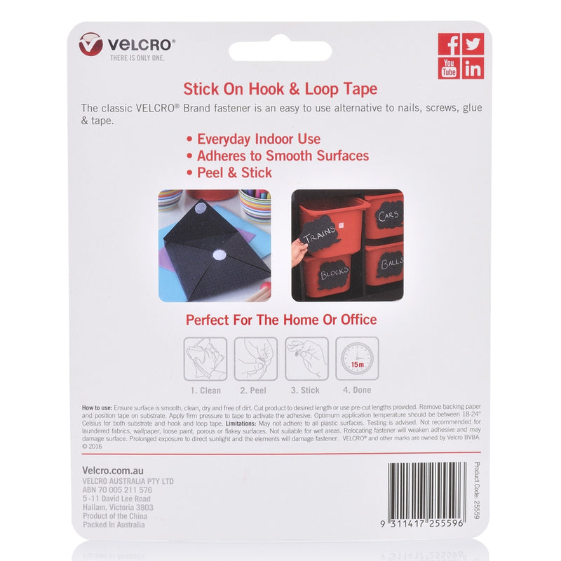 Rear packaging image of VELCRO Brand Stick On Hook and Loop Tape featuring usage instructions, indoor application guidance, and organisation examples.