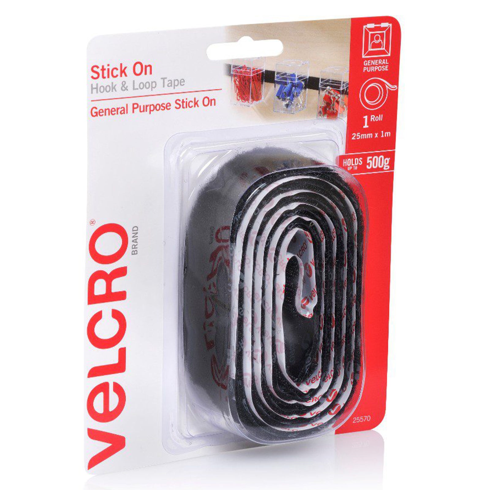 Angled retail packaging view showing the black stick on hook and loop tape roll with visible layered tape design. The image presents the compact packaging and practical fastening solution for indoor organisation.