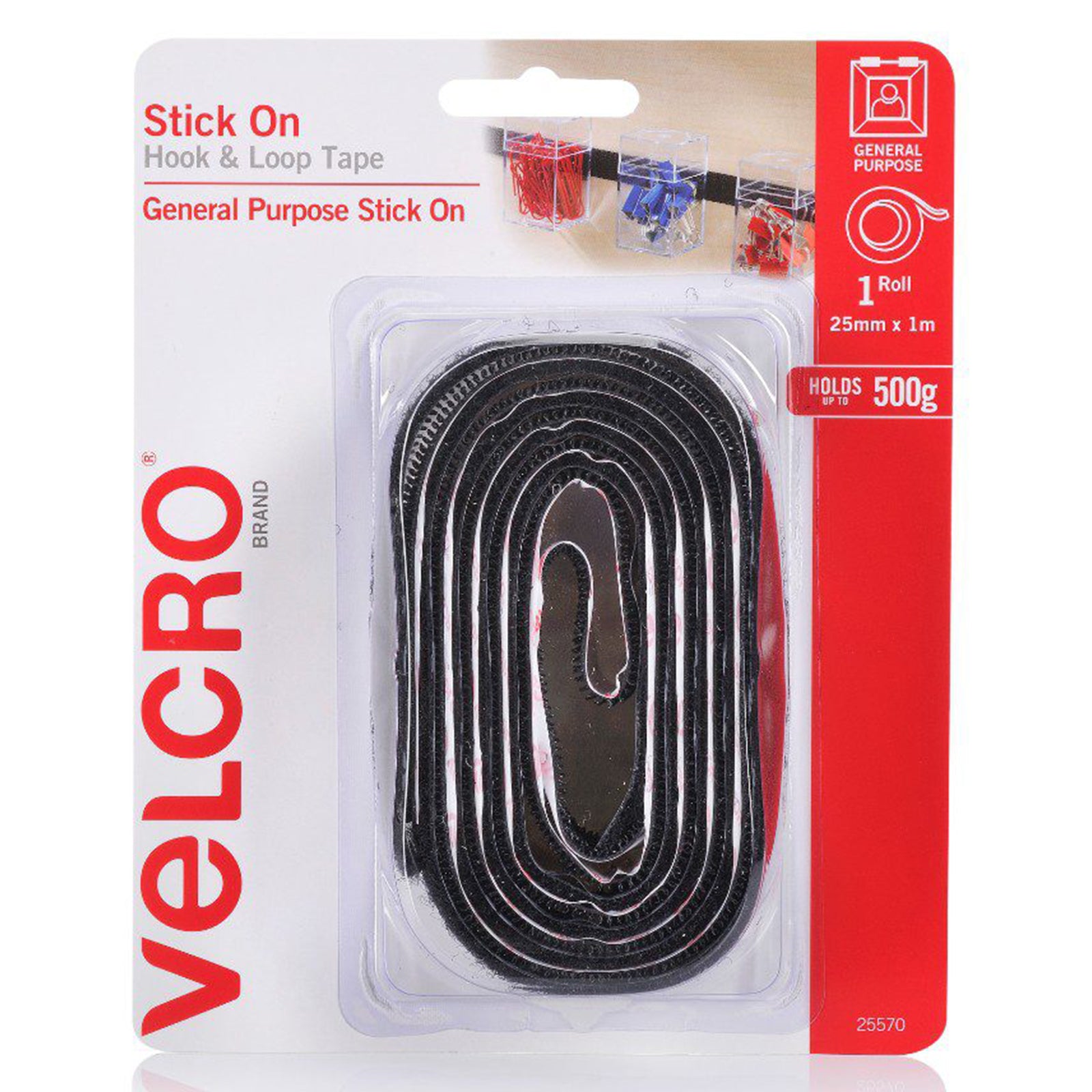 Front packaging of Velcro Brand Stick On Hook and Loop Tape 25mm x 1m Black showing the rolled tape inside clear blister packaging. The design highlights general purpose use and lightweight holding capacity up to 500g.