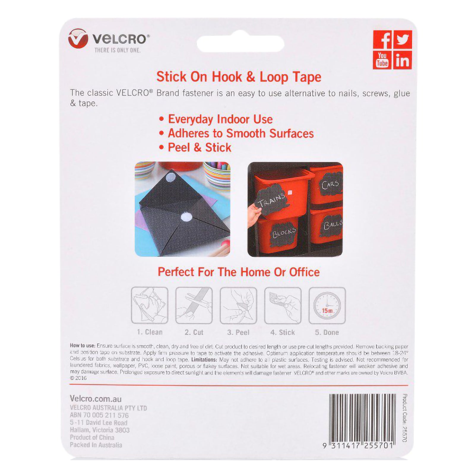 Rear packaging of Velcro Brand Stick On Hook and Loop Tape displaying product instructions, usage guidance and everyday indoor applications. The packaging highlights peel and stick convenience for home and office organisation.
