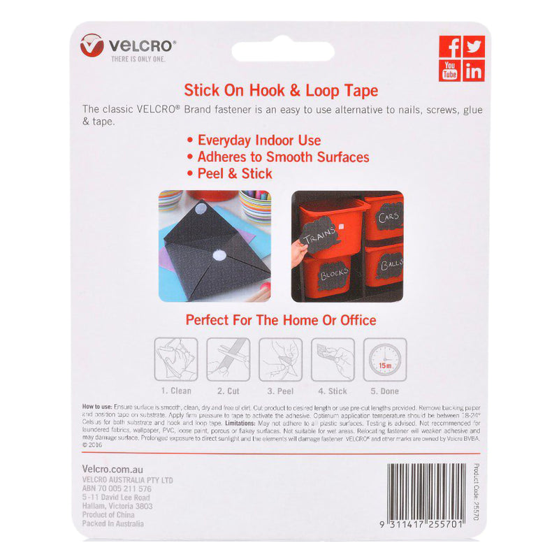 Rear packaging of Velcro Brand Stick On Hook and Loop Tape displaying product instructions, usage guidance and everyday indoor applications. The packaging highlights peel and stick convenience for home and office organisation.