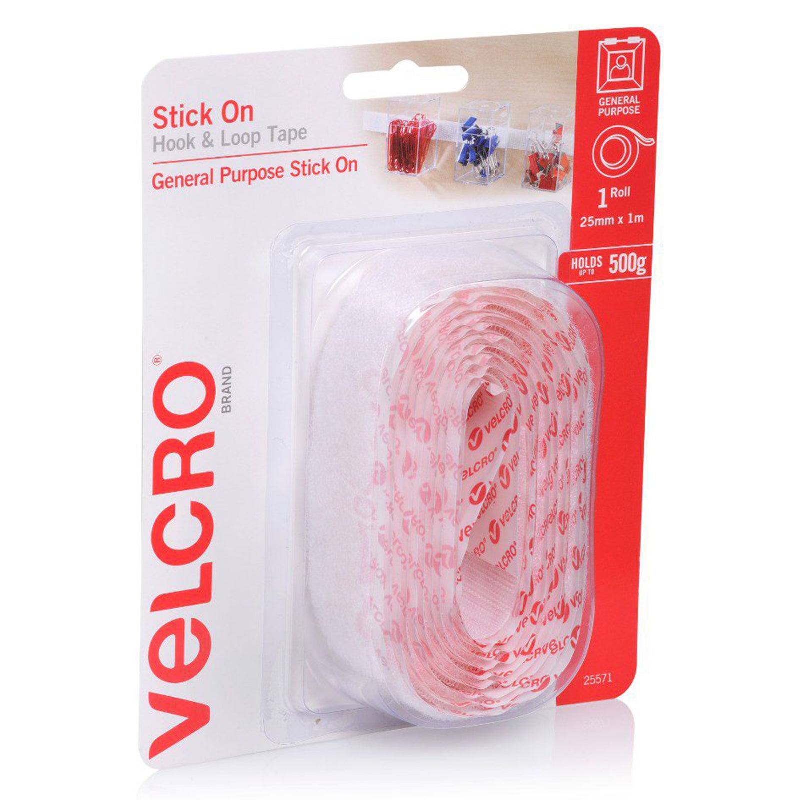 Angled packaging view showing the white hook and loop tape roll and branded adhesive backing inside retail packaging. The image presents the compact design suitable for indoor storage and organisation solutions.