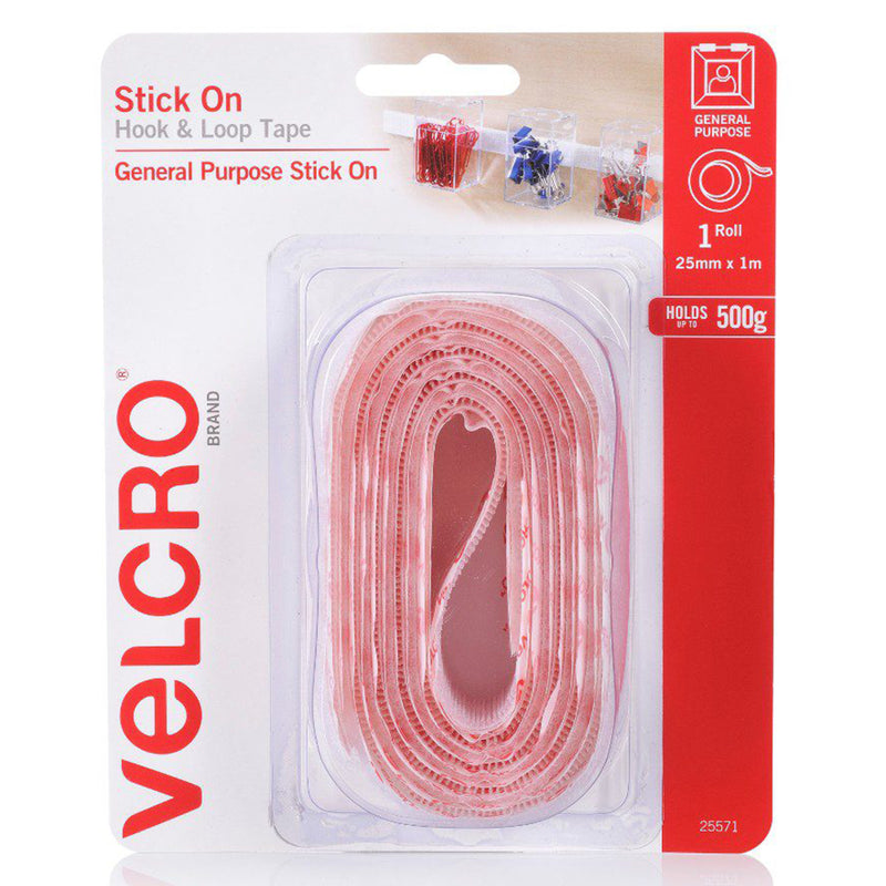 Front packaging of Velcro Brand Stick On Hook and Loop Tape 25mm x 1m White displaying the rolled tape in clear retail packaging. The design highlights general purpose mounting and lightweight holding strength up to 500g.