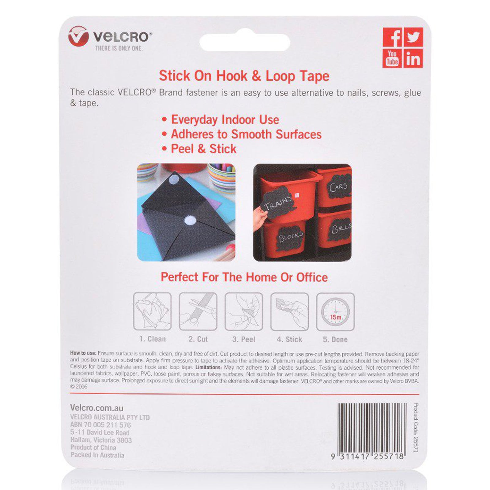 Rear packaging of Velcro Brand Stick On Hook and Loop Tape showing instructions, application guidance and everyday indoor usage ideas. The packaging highlights easy peel and stick fastening for home and office organisation.