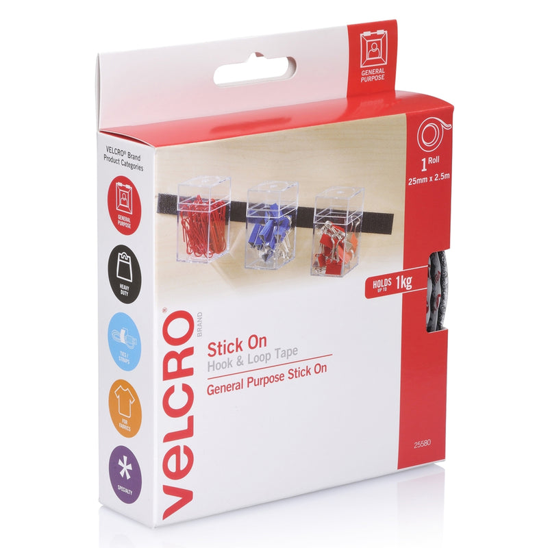 Angled retail packaging image highlighting the compact dispenser box and versatile indoor fastening uses for home and office organisation.