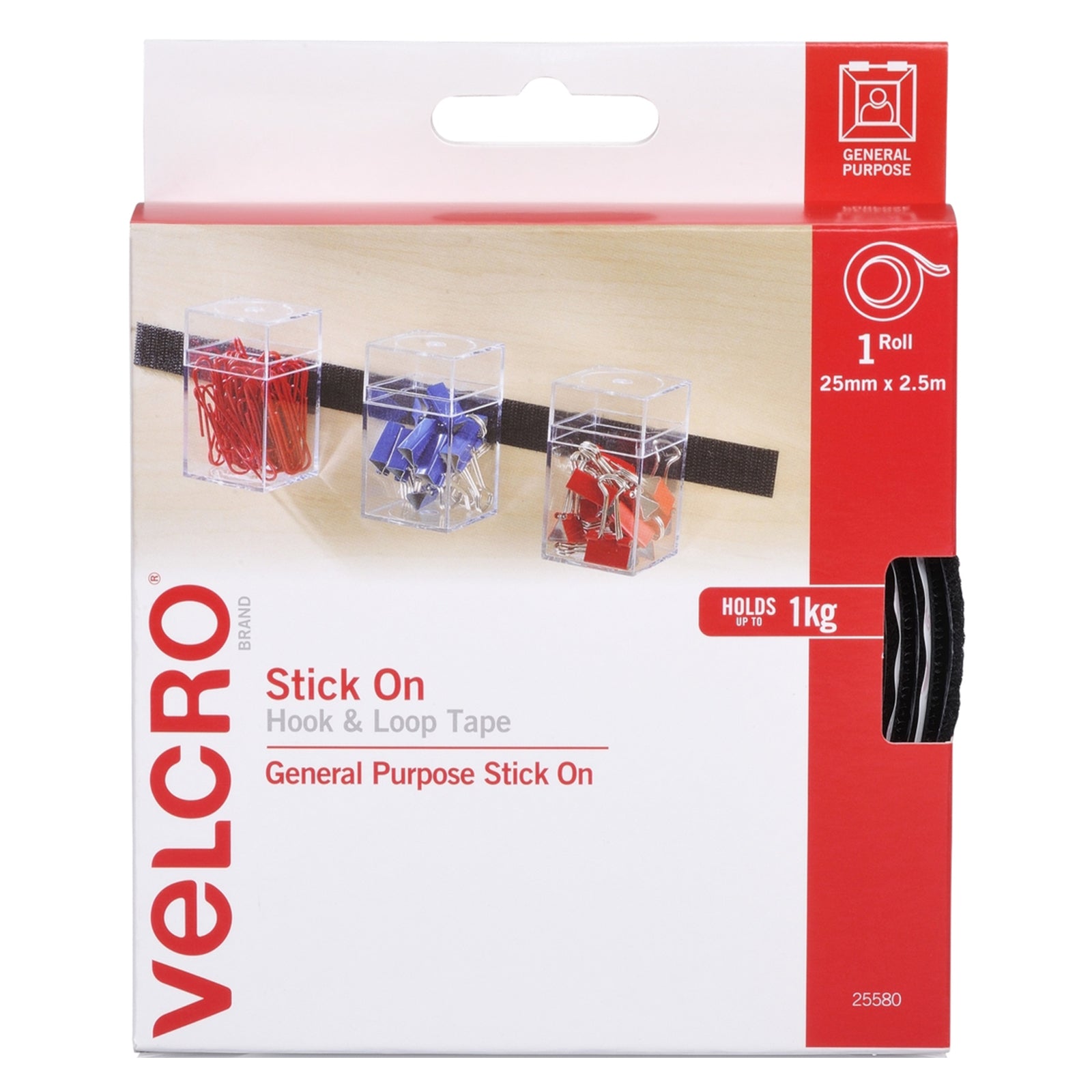 Front packaging view of Velcro Brand Stick On Hook and Loop Tape 25mm x 2.5m Black featuring storage organisation and everyday mounting applications.