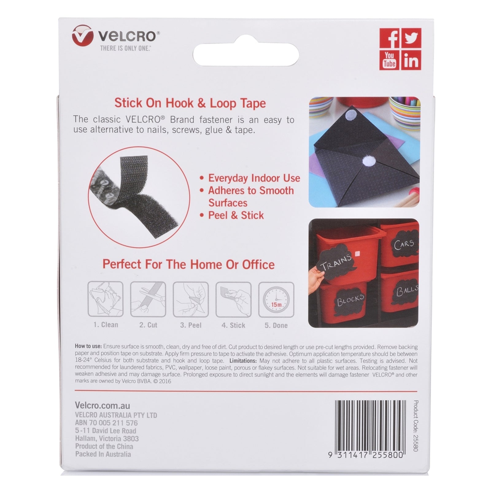 Rear packaging image displaying product instructions, indoor usage examples and application guidance for Velcro Brand Stick On Hook and Loop Tape.