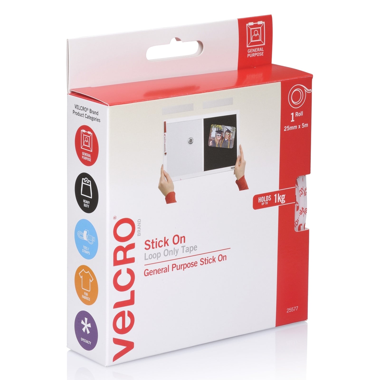 Angled retail box image featuring the Velcro Brand loop tape dispenser pack designed for clean storage, easy dispensing and everyday fastening projects.