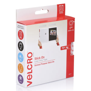 Angled view of the white Velcro Brand Stick On Loop Only Tape box, 1 Roll 25mm x 5m and Holds Up To 1kg, with product category icons on the side panel