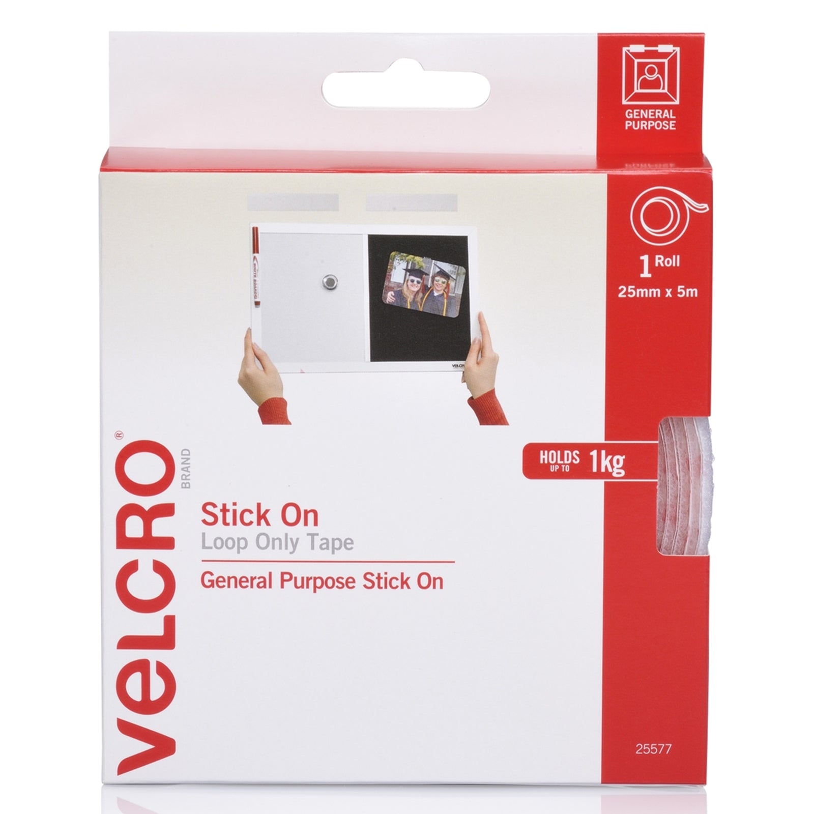 Front packaging image of Velcro Brand Stick On Loop Only Tape 25mm x 5m with dispenser, showing lightweight indoor display and organisation applications.