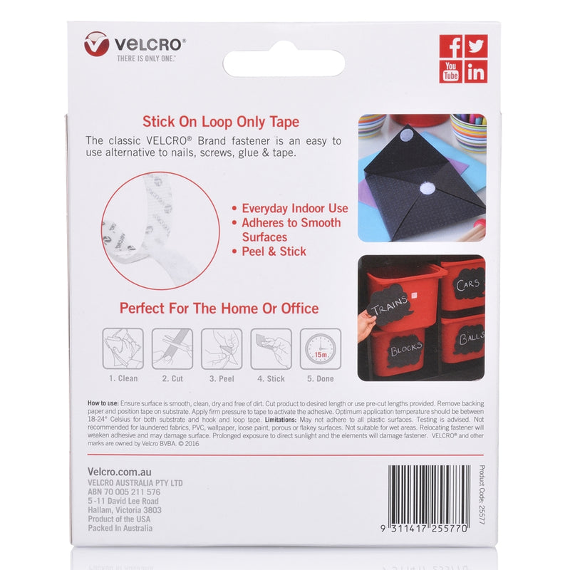 Rear packaging view displaying application instructions, storage examples and indoor use recommendations for Velcro Brand Stick On Loop Only Tape.