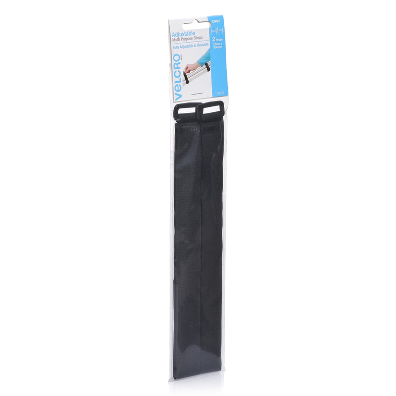 Angled retail packaging image highlighting reusable heavy duty adjustable straps designed for bundling bulky household, camping, and sporting equipment.