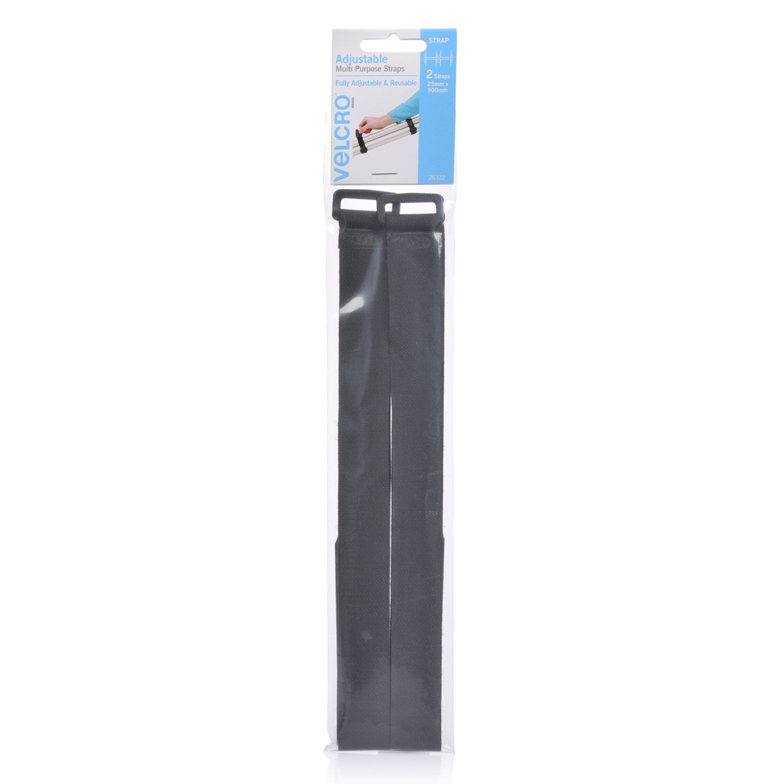 Front packaging photograph of black VELCRO Brand VELSTRAP adjustable straps measuring 25mm x 900mm in a convenient pack of two.