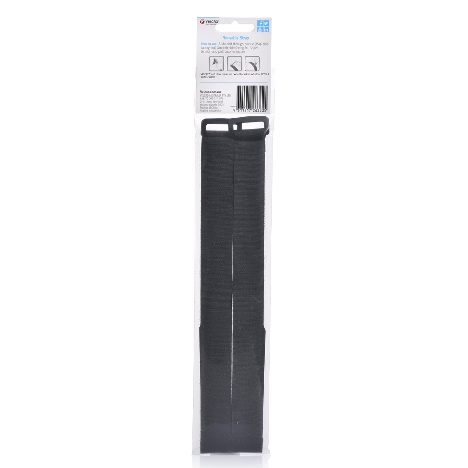 Rear packaging image of VELCRO Brand VELSTRAP adjustable straps displaying usage instructions and fastening guidance for securing larger items.