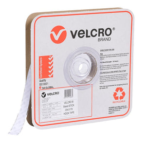 Velcro Brand V14436 19mm white stick on hook tape on a roll in a square Velcro Brand box, angled view with the white tape running out of the box, with the red Velcro logo, a product label and a recyclable mark on the front