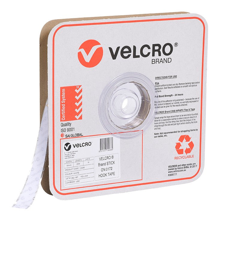Velcro Brand V14436 19mm white stick on hook tape on a roll in a square Velcro Brand box, angled view with the white tape running out of the box, with the red Velcro logo, a product label and a recyclable mark on the front